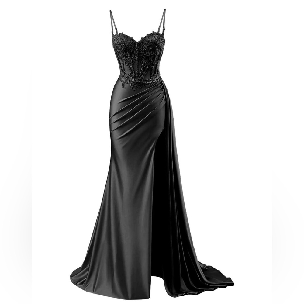 New Black Spaghetti Strap Satin Slit Lace Appliques Long Evening Gown Prom Dress